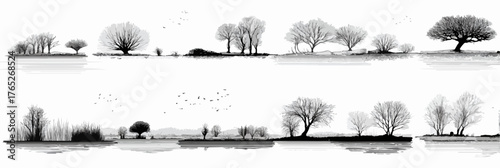 Minimalistyczna grafika wektorowa przedstawiająca drzewa i odbicia w wodzie, idealna do dekoracji i projektów graficznych.