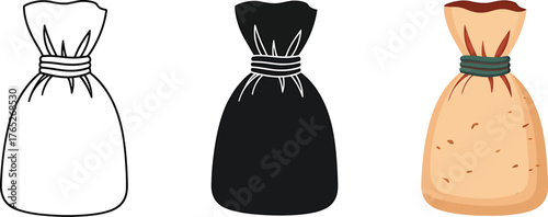 Three Simple Bags Illustration Vector Depicting Contour Silhouette and Color Version