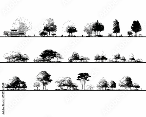 Rysunek wektorowy przedstawiający różne rodzaje drzew i krzewów, idealny do ilustracji projektów architektonicznych i krajobrazowych.