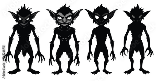 Set of Black silhouettes of goblins isolated on a white background. Concept of Halloween, mythical creature, troll, fantasy character, eerie illustration, design art. Clip art