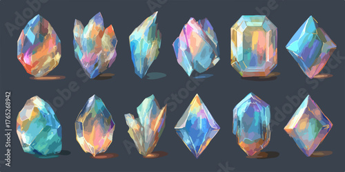 Kolekcja kolorowych, wieloaspektowych kryształów i kamieni szlachetnych