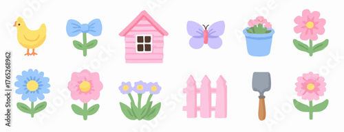 Urocze ilustracje wiosenne z kurczakiem, kwiatami, motylem i domkiem na tle.
