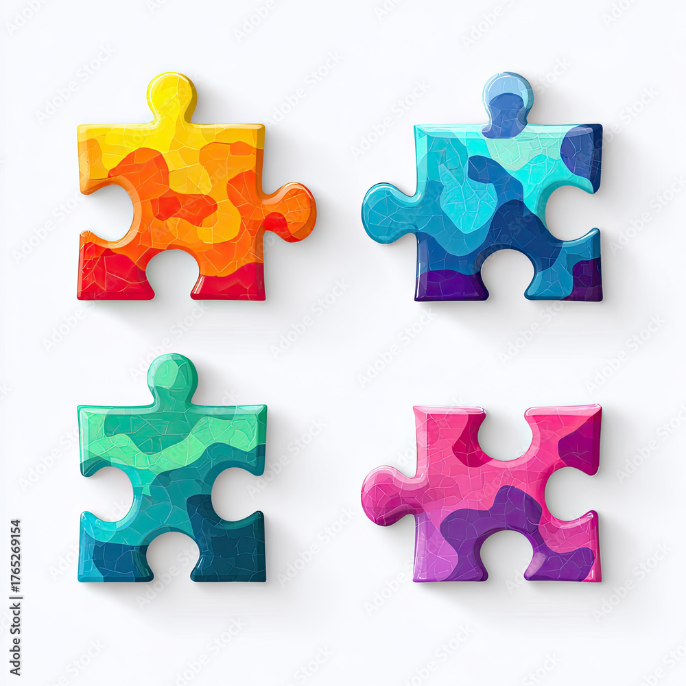Fototapeta premium Colorful puzzle pieces with abstract patterns on white background