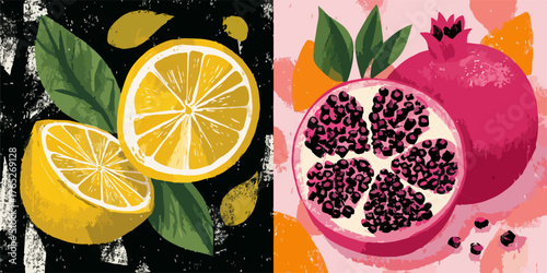 Dwa soczyste owoce, cytryna i granat, przedstawione w artystycznym, wektorowym stylu graficznym.