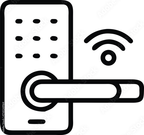 Icon of a smart door lock featuring a keypad and handle, with a Wi-Fi symbol, indicating wireless connectivity. Black and white design.