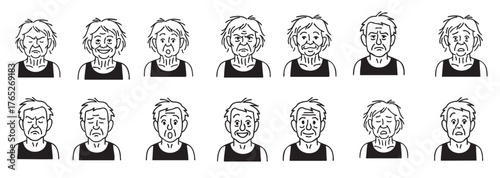 Set of old man and woman faces with various emotional expressions isolated on white background. Concept of senior characters, aging emotions, psychological states, avatar collection, design elements. 