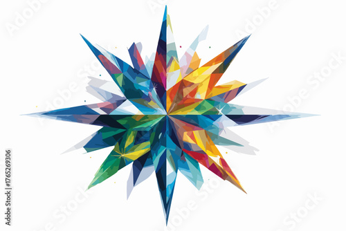 Kolorowy geometryczny wzór przypominający gwiazdę lub kompas z wieloma ostrymi krawędziami.
