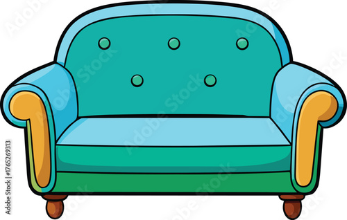 Illustration of a cozy, blue-green sofa with yellow armrests and brown legs. The sofa has a rounded back with button accents, creating a warm, inviting look.