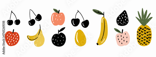 Kolorowy wektorowy zestaw różnych owoców narysowanych w prostym, nowoczesnym stylu graficznym