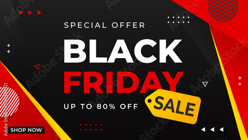 Black Friday sale banner with black and red geometric background, up to 80% off, modern template design for sale promotion, marketing ads, online stores, events, pages, and websites