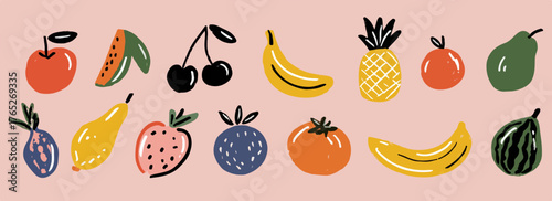 Kolekcja słodkich owoców w stylu wektorowym na pastelowym tle