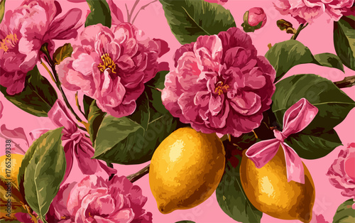 Wektorowy wzór z delikatnymi różowymi kwiatami kamelii i dojrzałymi cytrynami na różowym tle