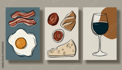 Ilustracje wektorowe potraw i napojów, przedstawiające śniadanie, ser i wino na neutralnym tle.