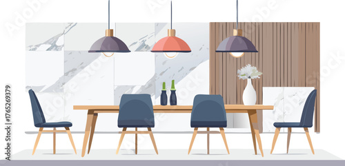 Modern dining room with a wooden table, six blue chairs, and three pendant lights. Marble and wood-paneled background. Elegant and contemporary ambiance.