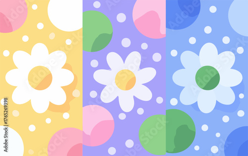 Wesoły wzór z kwiatami i kropkami w pastelowych kolorach, idealny do dekoracji i projektów graficznych.