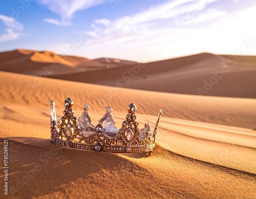 A bejeweled crown rests on a dune, backlit by the setting sun