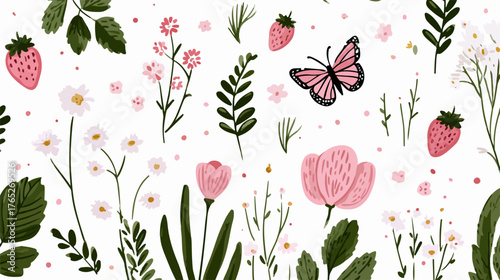 Letnia łąka pełna delikatnych kwiatów, soczystych truskawek i motyli w pastelowych barwach