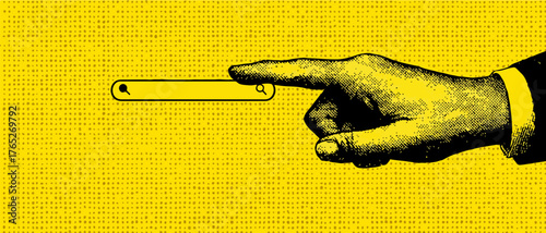 Ilustracja wektorowa przedstawiająca dłoń wskazującą na pasek wyszukiwania, symbolizująca proces wyszukiwania informacji w internecie.