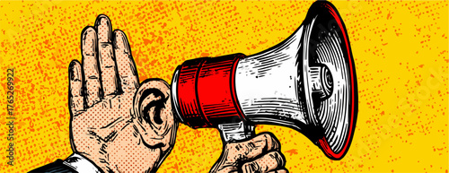 Wektorowa ilustracja ręki trzymającej megafon i drugiej ręki zakrywającej ucho, symbolizująca hałas, głośne komunikaty lub protesty.