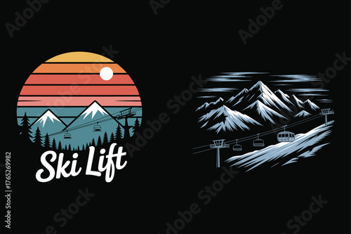 Retro ski lift in mountains at sunset and snowy peaks with cable cars gondola