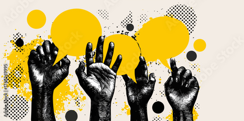 Vector illustration showcasing diverse hands raised with speech bubbles, symbolizing unity, communication, and collective expression in a modern design.