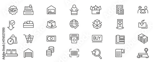 Shopping line icon set. Supermarket, cart, online shopping, commerce, mobile shop, testimonials, shipping, purchase, Package, basket, bag line icon set. vector