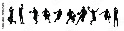 silhouette of basketball player with ball shooting dunk vector