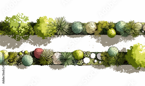 Wektorowy widok z góry na projekt ogrodu z różnymi roślinami, drzewami i kamieniami, idealny do planowania i projektowania krajobrazu.