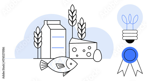Milk carton, cheese wedge, egg, fish, grains, lightbulb, and certification ribbon symbolizing sustainable production. Ideal for agriculture, food supply sustainability innovation nutrition