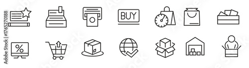 Shopping line icon set. Supermarket, cart, online shopping, commerce, mobile shop, testimonials, shipping, purchase, Package, basket, bag line icon set. vector 