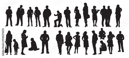 Silhouette people man and women in various poses collection.