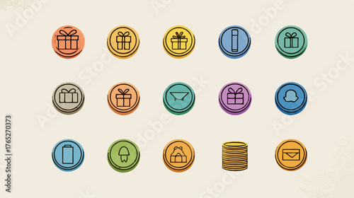 Zestaw okrągłych ikon prezentów, dzwonków i kopert w stylu retro na jasnym tle