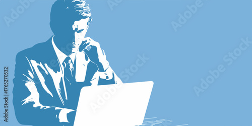 Biznesmen w garniturze pracuje przy laptopie, skupiony i zamyślony nad zadaniem.