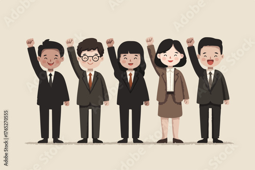 Grupa ludzi w garniturach podnosi pięści w geście zwycięstwa i jedności.