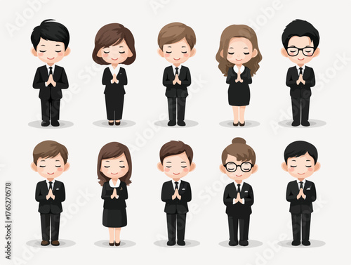 Grupa ludzi w formalnych strojach składa wyrazy szacunku i wdzięczności gestem dłoni.