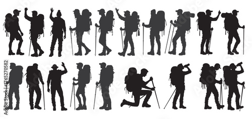 silhouettes of hikers with backpacks and trekking poles.