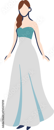 Illustration of a woman in a strapless evening gown with a teal bodice and flowing gray skirt. Her hair is styled in a side braid, conveying elegance.