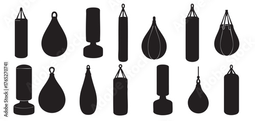 Silhouettes of various punching bags in different shapes, isolated on white background, graphic illustration. concept of fitness, boxing equipment, gym training, icon, design element