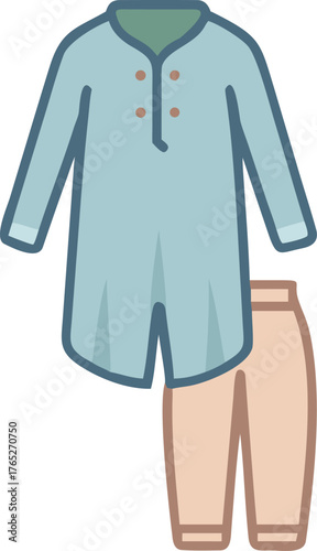 Illustration of traditional clothing featuring a light blue tunic with buttons and beige pants. The style is simple and culturally inspired.