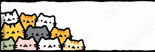 Urocza grupa kotów w kreskówkowym stylu, grafika wektorowa z pustym miejscem na tekst.