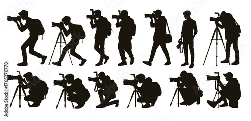 silhouettes of photographers in various poses with cameras.