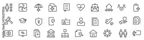 Set of Social Policy and Insuranceline icons. Outline icon collection related to education, insurance, law, goverment and more. vector