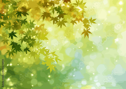 Wektorowa ilustracja jesiennych liści klonu na tle rozmytego, słonecznego lasu z efektem bokeh, tworząca magiczną atmosferę natury.