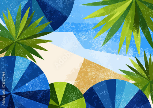 Graficzny widok z lotu ptaka na tętniącą życiem tropikalną plażę, z barwnymi parasolami i palmami w letnim słońcu.