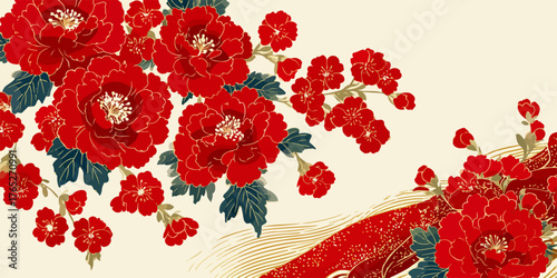 Elegancki wektorowy wzór z intensywnie czerwonymi piwoniami i misternymi złotymi elementami, idealny do dekoracyjnych projektów i tła.