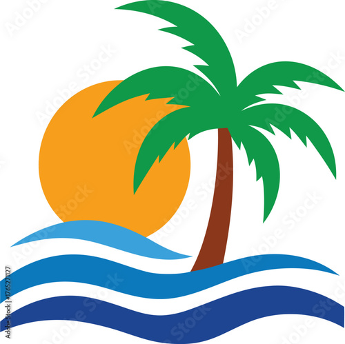 Tropical island getaway a bright sun palm tree and ocean waves illustration vacation theme vector