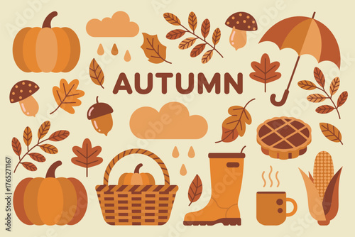 Colorful Autumn Illustration with Pumpkins, Leaves, and Mushrooms – Seasonal Fall Design Featuring the Word ‘AUTUMN’ in Festive Composition
