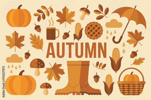 Autumn Season Vector Design – Pumpkins, Falling Leaves, Mushrooms, and Harvest Elements in Warm Fall Colors Centered Around Typography ‘AUTUMN’