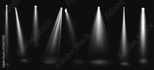 Stage lights, white spotlight beams, glow elements vector