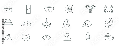 Summer vacation Editable line Icon set. Travel, sea, surfing, beach, hotel, airport, tickets, tour, relax outline icon collection. vector